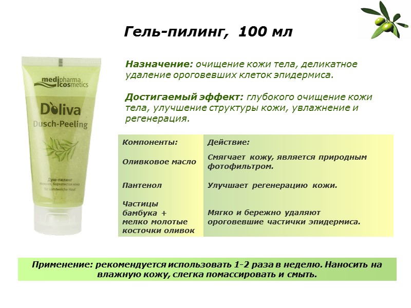 Гель-пилинг,  100 мл Назначение: очищение кожи тела, деликатное удаление ороговевших клеток эпидермиса. 